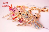 50pcs dragonfly insect keychain rhinestone crystal keyring car key chain women diy key holder jewelry gifts accessory wholesale