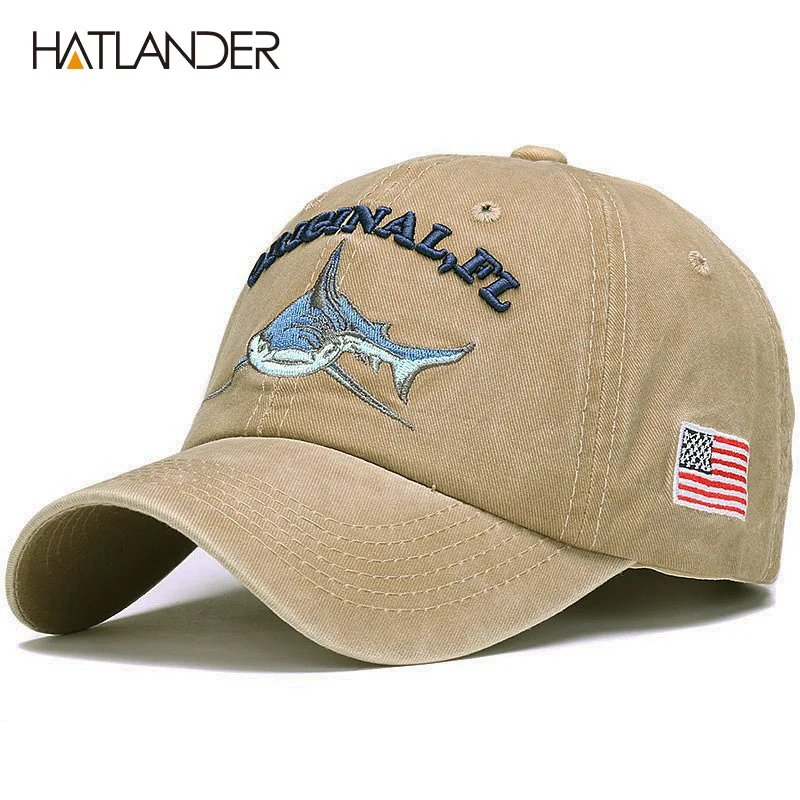 khaki green HATLANDER Модная хлопковая бейсбольная Кепка с вышивкой Акула мужская шляпа винтажная Спортивная шляпа Открытый gorras регулируемая хип-хоп кепка - Цвет: khaki green