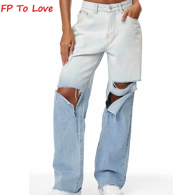 

FP To Love Woman Designed Ripped Jeans 2021 Autumn Spring Street Style Wide Leg Pants Loose Gradient Denim