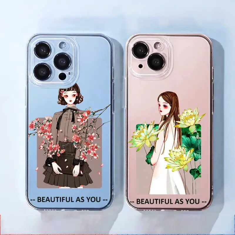 

Sexy Trend Flowers Girl Phone Case For iphone 13 12 11 8 7 plus mini x xs xr pro max Transparent soft