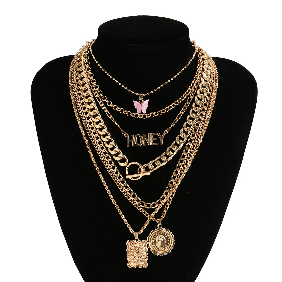 

FLTMRH Fashion jewelry simple personality OT buckle multilayer necklace retro set alloy butterfly necklace