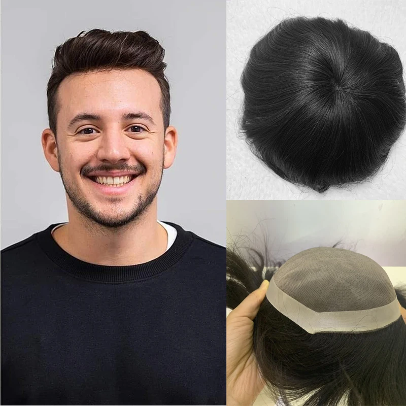 6 inch European Remy Human Hair Men Wig with Natural Hairline Toupee Men Hairpiece Wigs Black Straight