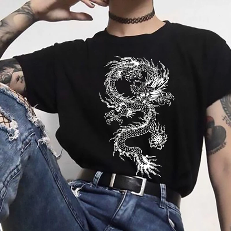 Женская футболка в стиле хип хоп черная Повседневная Свободная с принтом дракона
