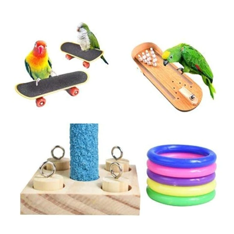 

Bird Training Educational Chewing Toys Set Mini Desktop Bowling Stacking Ring Skateboard Parrot Intelligence Puzzle Gifts P31D