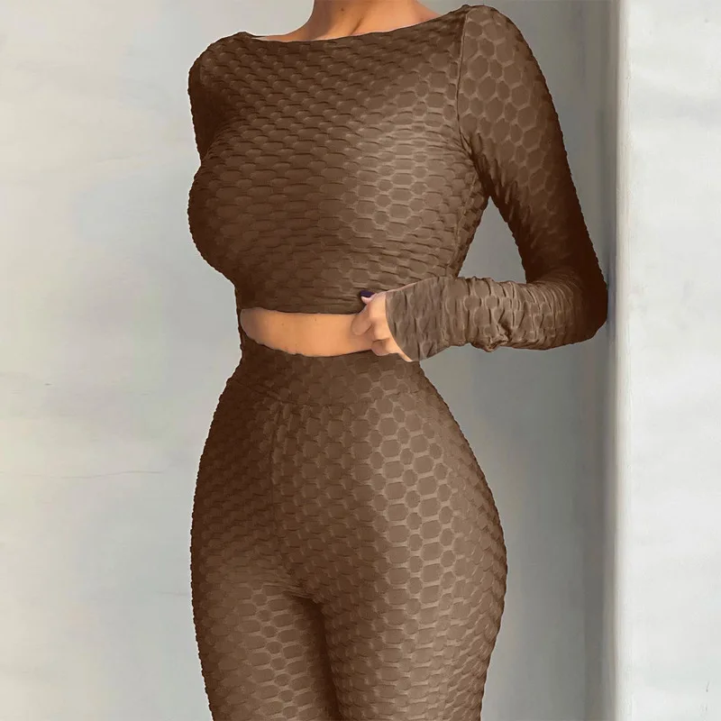 

Осенний Однотонный женский спортивный костюм, женский комплект из 2 предметов, эластичные спортивные штаны для йоги, укороченный топ с длин...