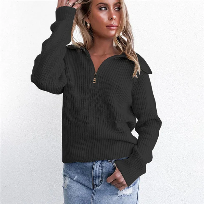 Женский Однотонный свитер с v-образным вырезом на молнии вязаный топ Truien Dames pull femme