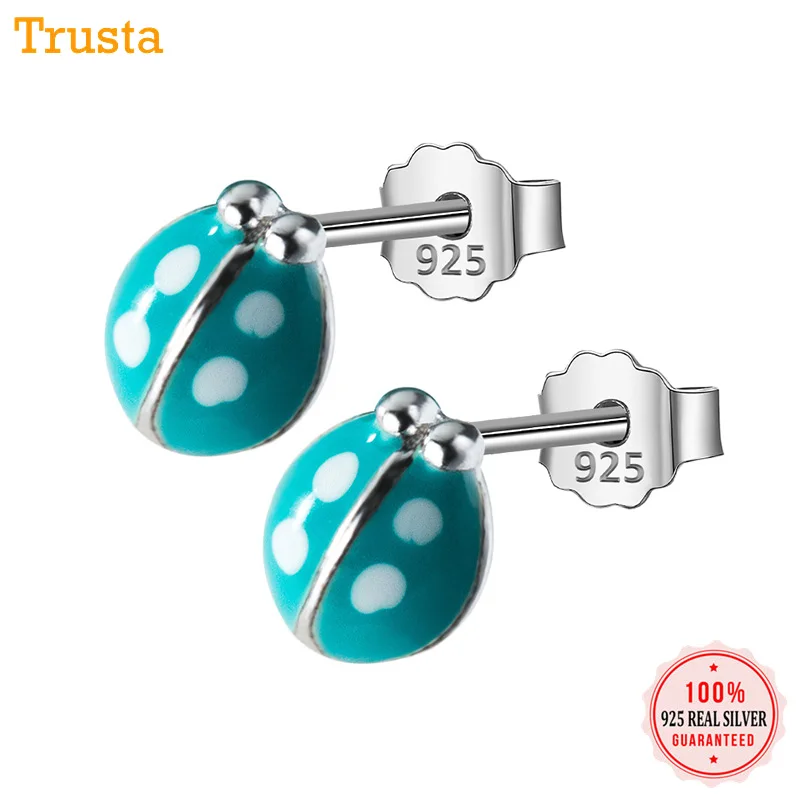 Trusta 925 пробы серебряные серьги модные милые миниатюрные 4 мм X 5 мм зеленые серьги-гвоздики в виде божьей коровки подарок для девочек