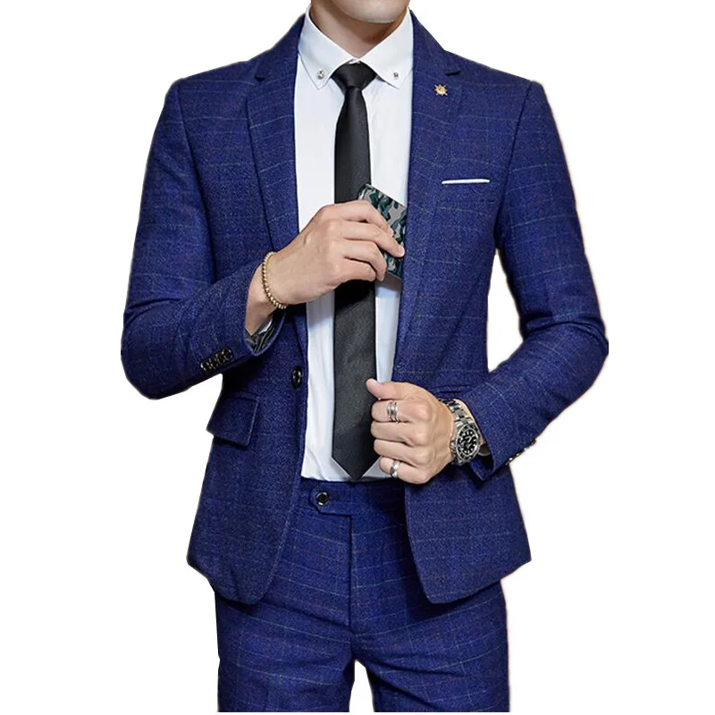 

2020 new mens plaid suit 2-piece set (jacket + pants) business wedding party men suit Blazer and trousers 3xl Red Blue Black