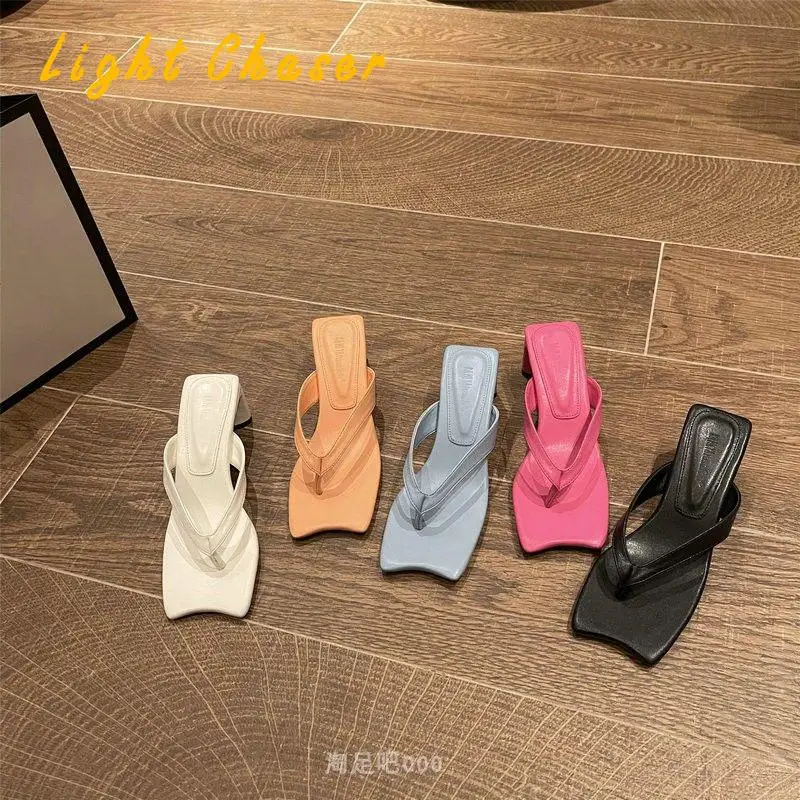 High Heels Women's Flip Flops Women's Sandals Summer Square Toe Flip Flops Outer Wear Beach Sandals And Slippers Women's Shoes