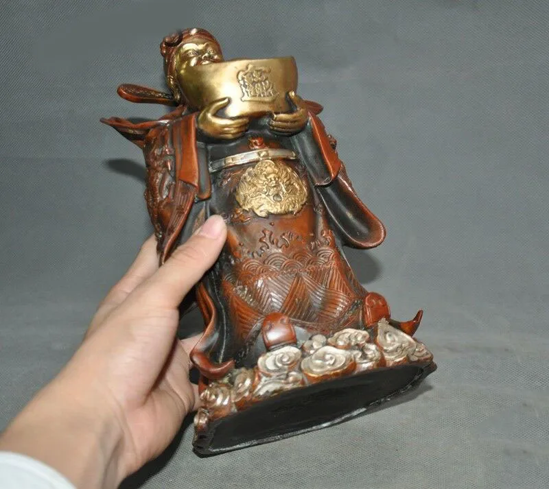

wedding decoration 10" Old Chinese bronze 24k gold silver Yuanbao Jambhala Mammon Wealth God Statue