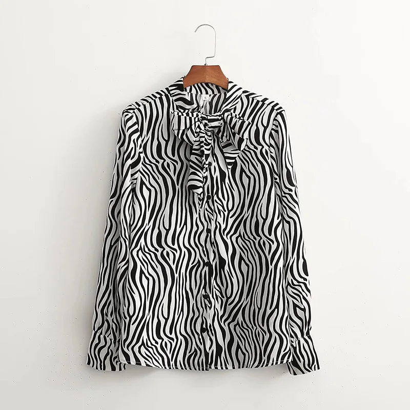 

Pinkou Women Fashion Zebra Print Blouse Bow Tie Design Animal Pattern Long Sleeve Shirts Autumn Chic Tops LA261