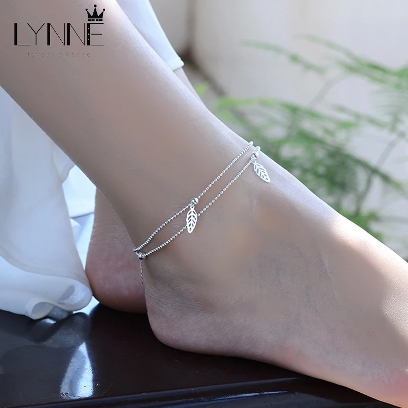 

New Fashion 925 Sterling Silver Star Pendants Anklets Ladies Jewelry Double Layer Small Bead Chain Leaves Beach Anklet Bracelets