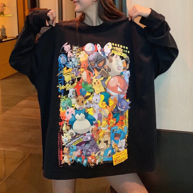 Harajuku Ulzzang, футболка большого размера с принтом Покемон, футболки с длинным рукавом, корейские женские футболки, осень, Женская Повседневная футболка с Пикачу, топы
