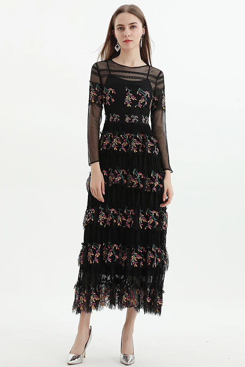 

Runway Long Designer Dress High Quality Autumn New Women'S Party Casual Gentlewoman Long Sleeve Lace Embroidery Elegant Dresses