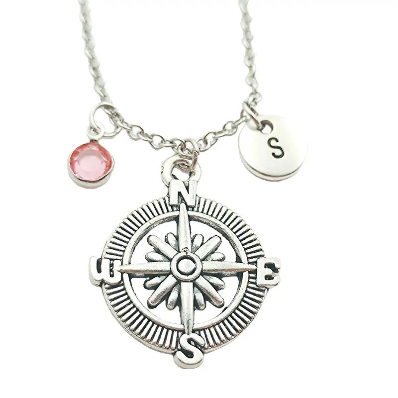 

Compass Necklace Birthstone Creative Initial Letter Monogram Fashion Jewelry Women Christmas Gifts Accessories Pendants