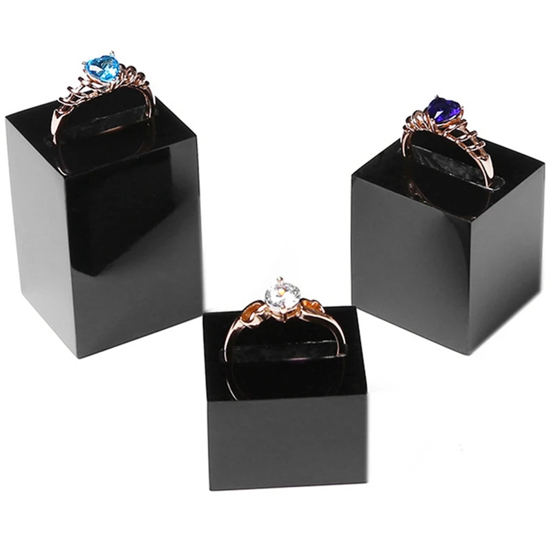

6x Acrylic Square Jewelry Stand Photography Props Cosmetics Ring Display Stand Black & Transparent