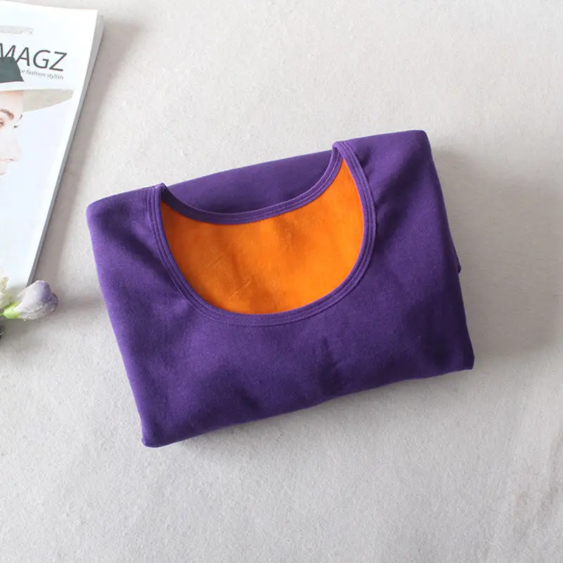 purple O-neck tops Осень Зима плюс бархатная футболка с длинным рукавом Женская Толстая теплая хлопковая Футболка женская Повседневная футболка Femme тонкие женские топы C5934 - Цвет: purple O-neck tops