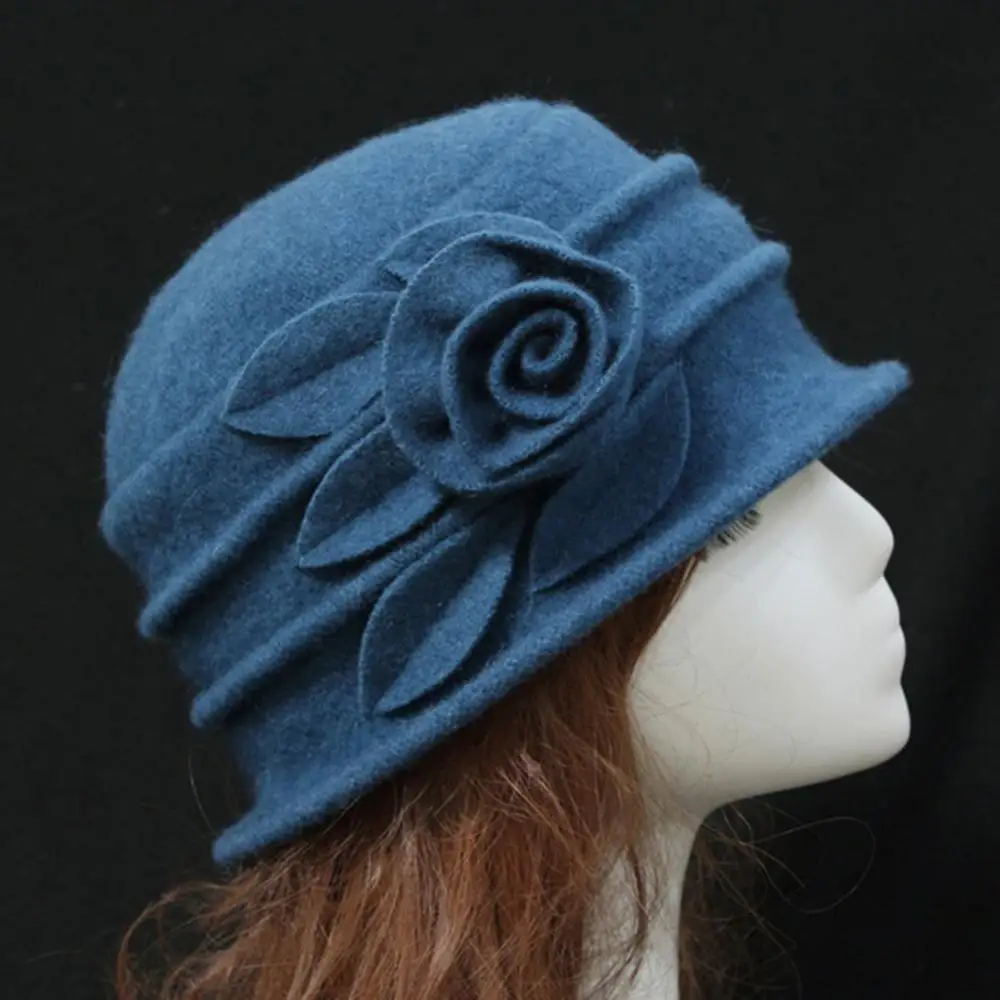 

Autumn Elegant Rose Women Hat Fedoras Vintage Women Wool Church Cloche Flapper Hat Lady Bucket Winter Flower Caps Bowler Hat