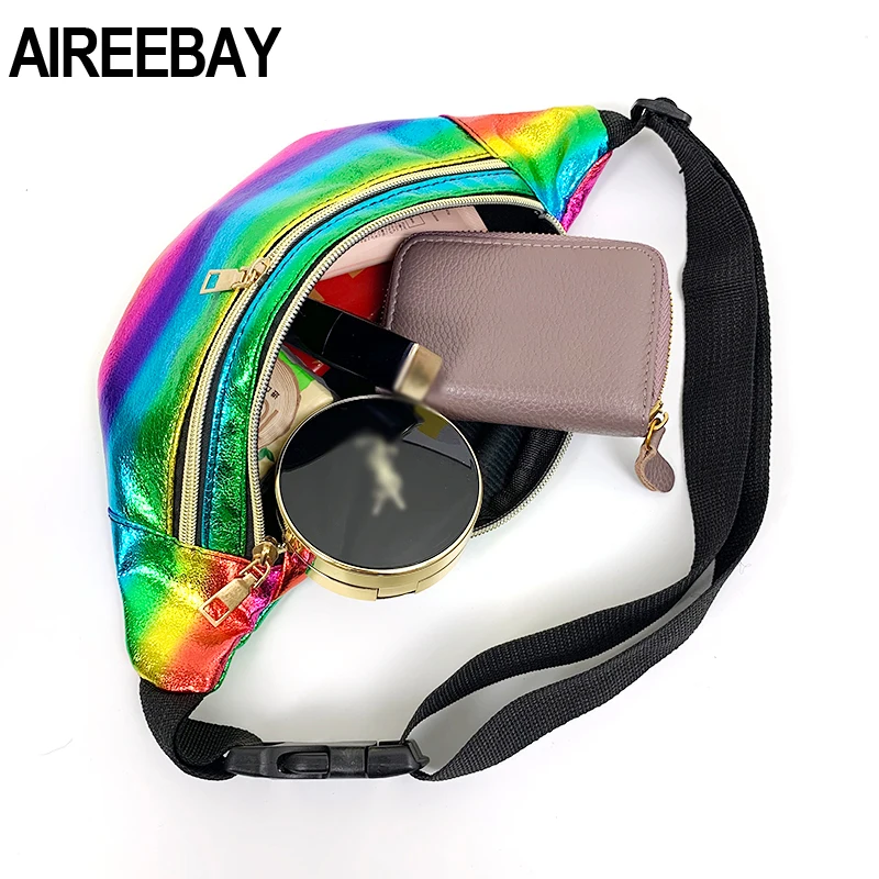 Поясная Сумка AIREEBAY для женщин с 3 карманами на молнии яркий голографический