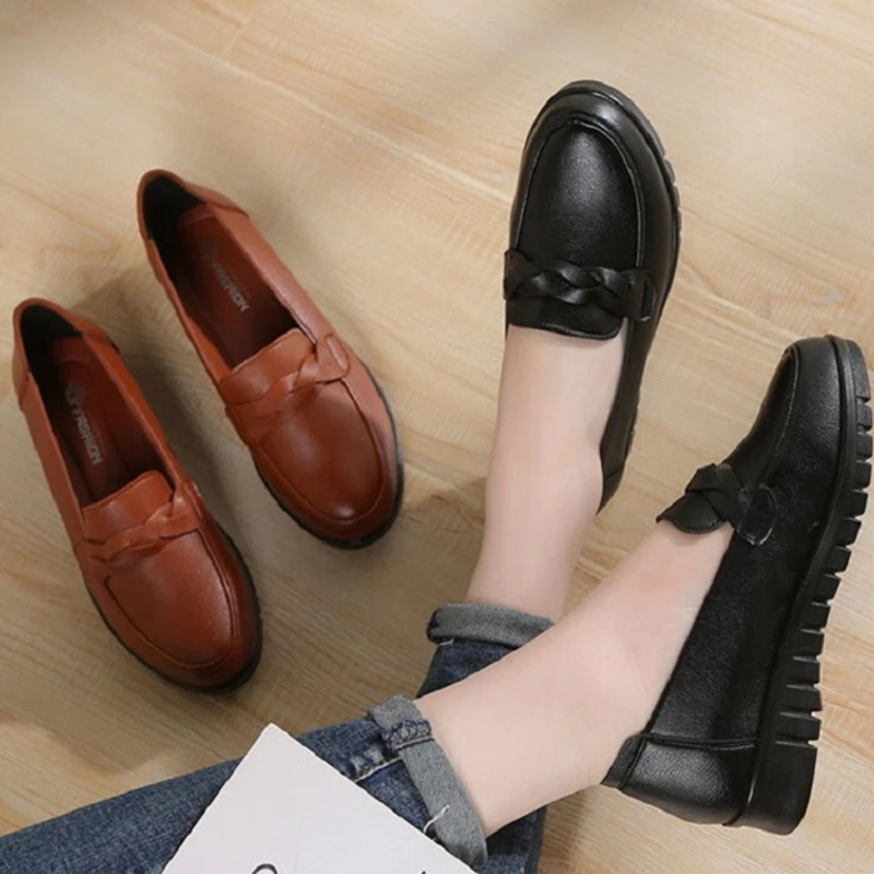Women Genuine Split Leather Flat Loafers Shallow Round Toe Black Ballet Ballerina Nurse Slip on Mother Ladies Shoes Zapato Mujer | Обувь