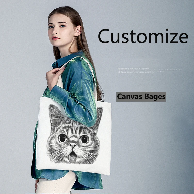 Индивидуальная Холщовая Сумка на плечо Kawaii cates с принтом сумки-тоут