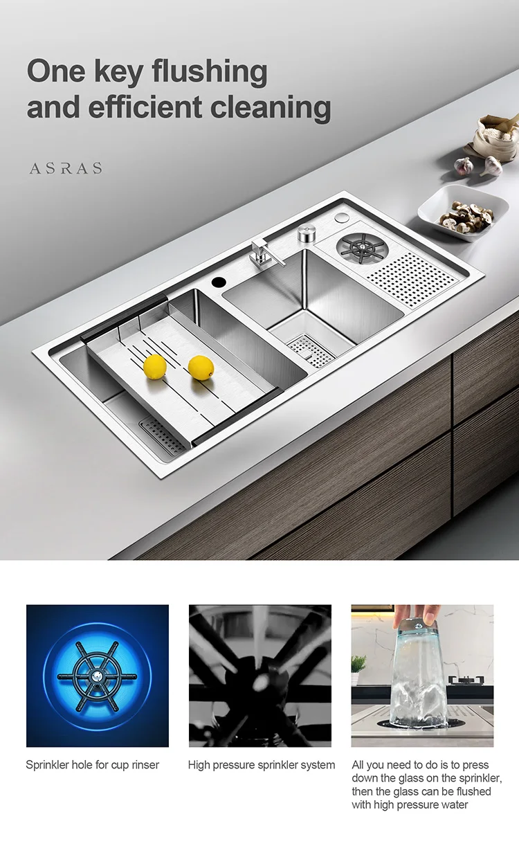 

90*45cm kitchen sink 304 stainless steel double bowl flusher sink with drain