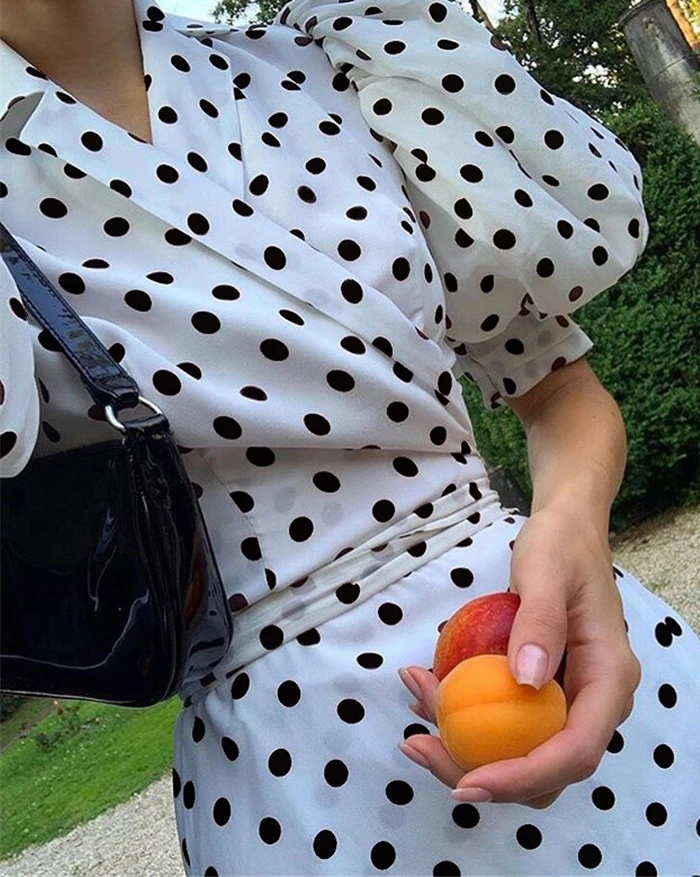 AEL Puff Sleeve Polka Dot Print Chiffon Dress Elegant Lace Up V Neck Women's Clothing With Belt Party Dress Summer