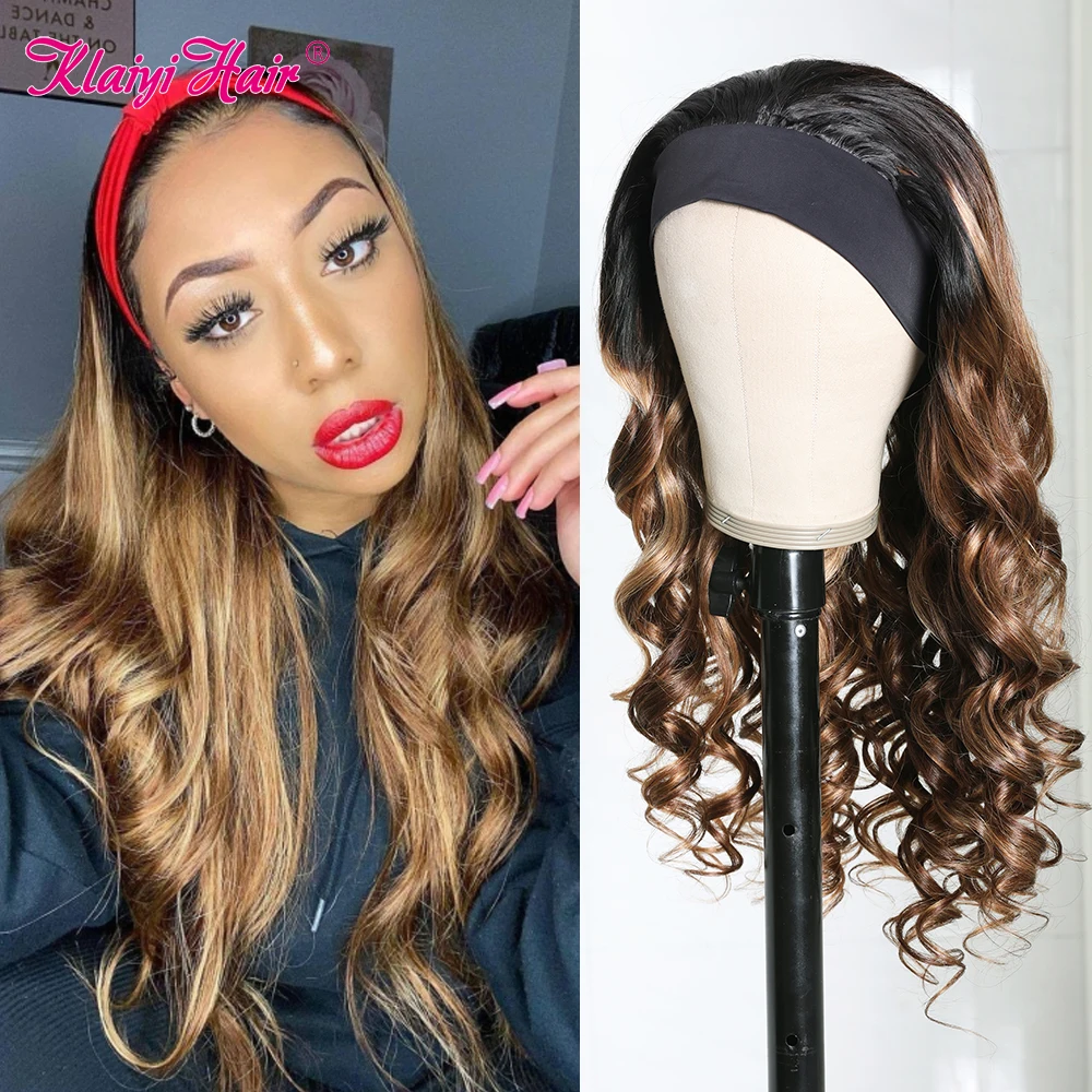 Klaiyi Body Wave Headband Wig Brazilian Colored Human Hair Wigs For Women Honey Blonde Remy Hair Scarf Headband Highlight Wig