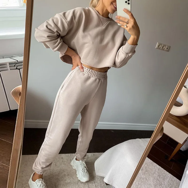 

Women Elegant Two Piece Set Fashion Long Sleeve O Neck Cropped Top And Elastic Waist Jogging Pant Suit Loose Solid Ladies Outfit