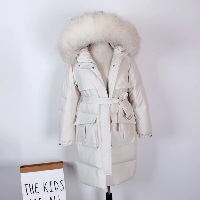 Beige Schinteon женский зимний пуховик настоящий меховой капюшон, воротник белый утиный пух теплая зимняя верхняя одежда с большими карманами Регулируемый жилет - Цвет: Beige