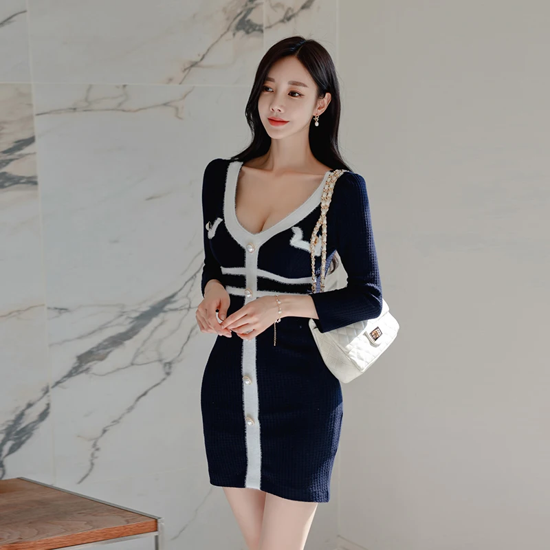 Элегантные женские синие платья облегающее платье в полоску с глубоким