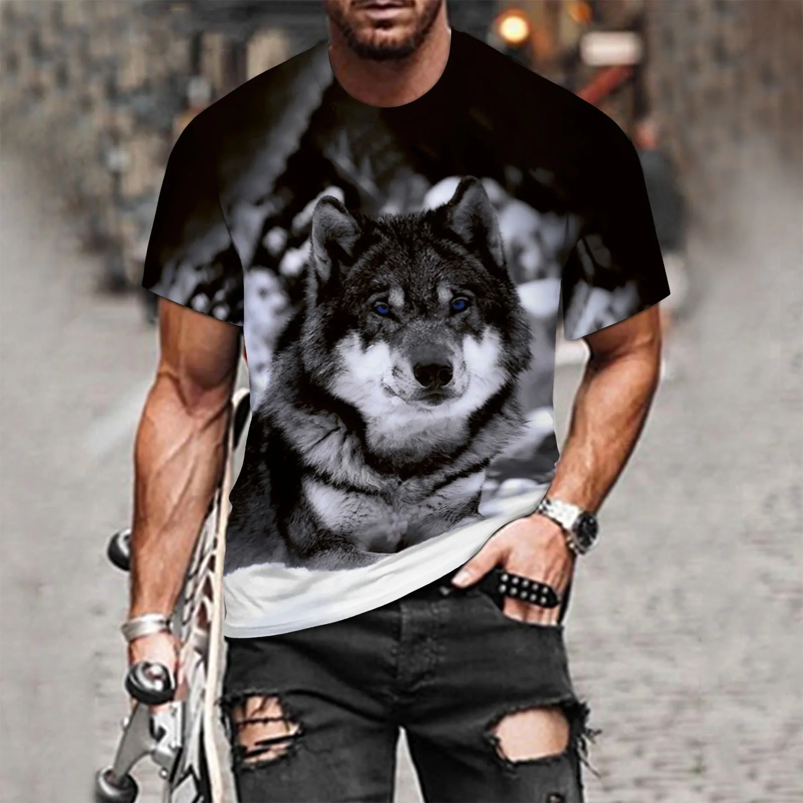 

2021 Casual Men Hip Hop T-Shirt Summer Slim wolf 3D Printed Short Sleeve T Shirt Top Blouse O Neck Tops ђболка мђжская