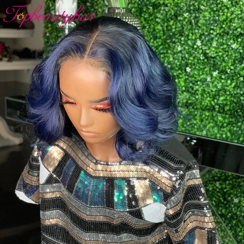 

Ombre Blue Lace Front Human Hair Wigs For Women 180% Wavy Short Bob Wigs Colored Blue Brazilian Lace Frontal Wigs Preplucked