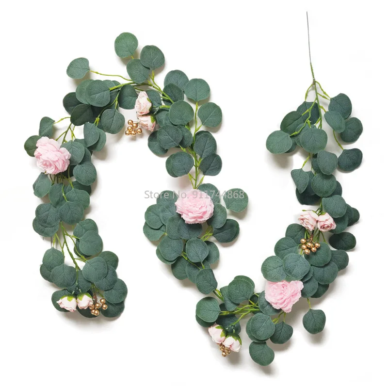 

Искусственный цветок из ротанга 2 м, свадебное украшение для фона, эвкалипт, круглый лист, розовая роза, ротанговое украшение для Lintel