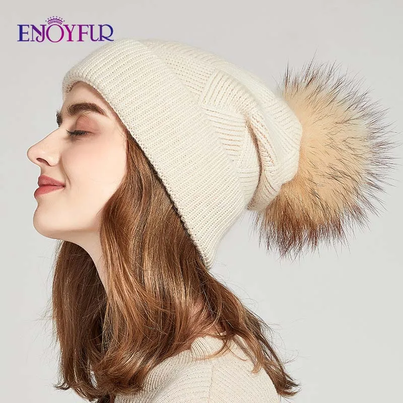 ENJOYFUR, зимние шапки для женщин, натуральный мех, помпон, шапка, теплая шерсть, громоздкие шапочки для женщин, модные женские шапки Skullies