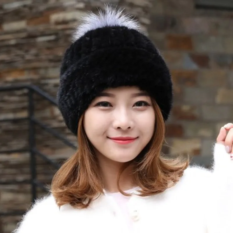 

Women's Knitted Mink Hat 2021 women's fur hats New Fashion Suede Hat Fox Fur Ball Women Winter Headgear Cap Ski cap