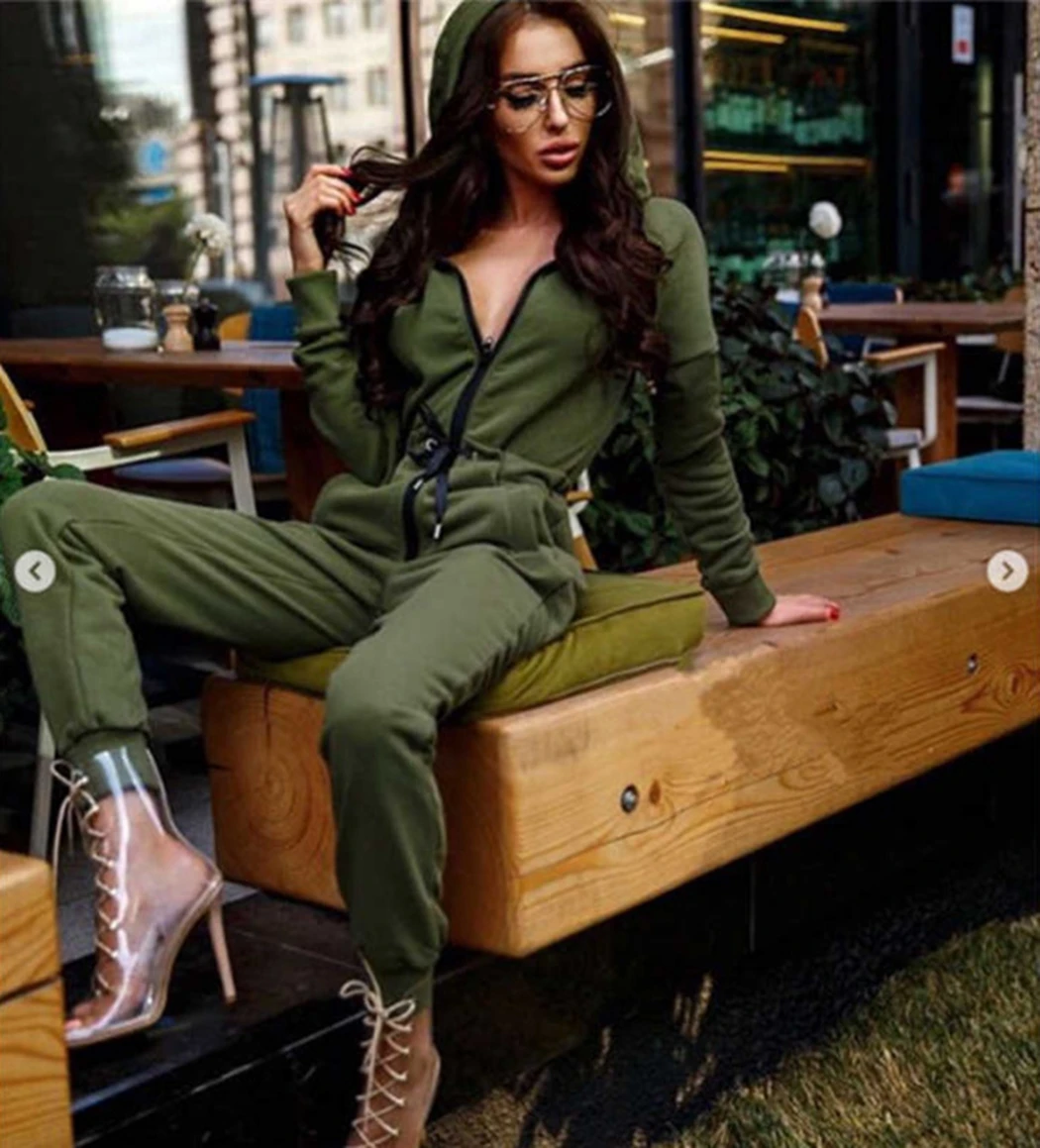 Комбинезон женский спортивный повседневный ромпер с длинным рукавом и капюшоном