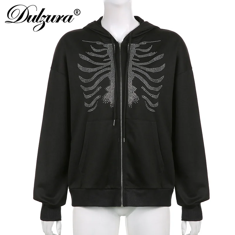 

Dulzura 2021 Autumn Winter Women Sternum Rhinestone Hoodie Sweatshirt Zipper Loose Oversized Streetwear Casual Coats Y2K Gothic