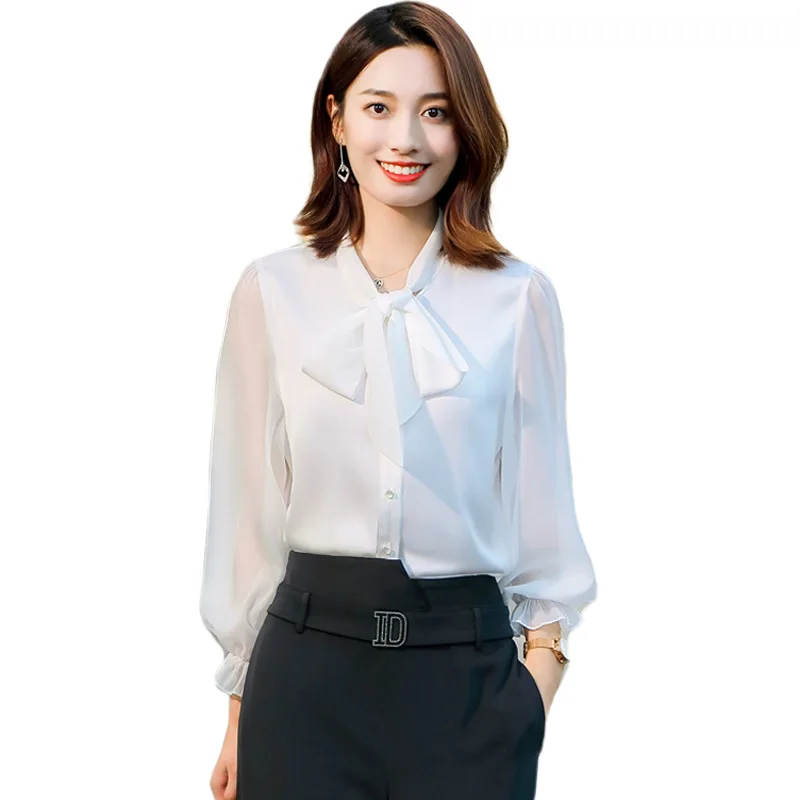 

2072 black high-end bowknot chiffon shirt women's new spring 2021 fashion shirt tops all-match
