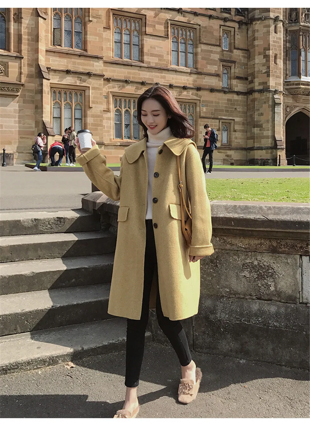 

Women Elegant Mid-Length Coat Solid Color Long Sleeve Single-Breasted Outerwear Ladies Fashion Autumn Winter Overcoat 2020
