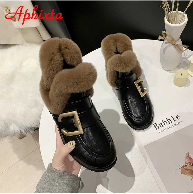 Aphixta; Новинка года; женские ботинки с пряжкой; женская кожаная обувь на меху; теплая плюшевая зимняя новая женская обувь; модные зимние ботинки