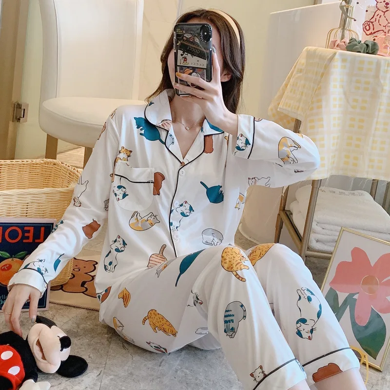 

Cotton Pajamas For Women 2021 Cute Cat Print Cartoon Home Clothes 2Pcs Set Sleepwear Female Tops+Long Pants Nighties Pijama Suit