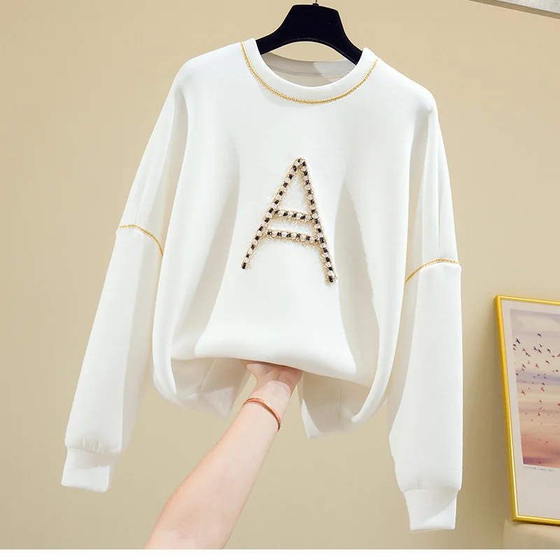 

Plus size women's 2020 new round neck fashion brand women's sweater loose space cotton high elastic thickening top white