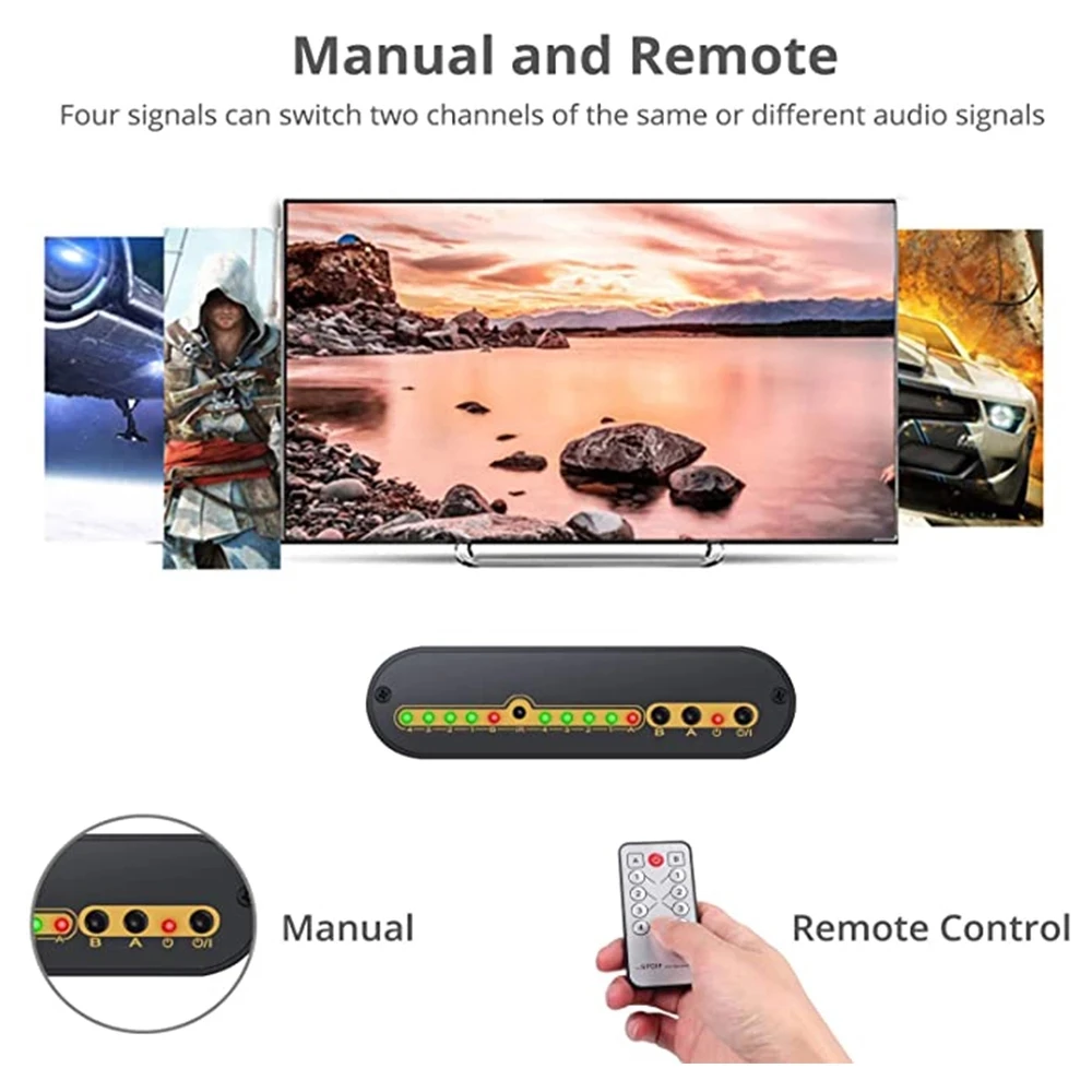 SPDIF Toslink Splitter 4 Ports 4x2 Toslink Digital Optical Audio Switcher Matrix 4 In 2 Out with Optical Cable and IR Remote