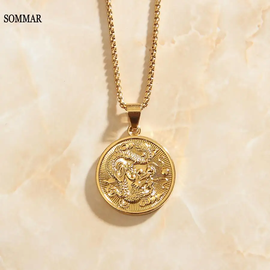 

SOMMAR Dragon Pendant for Thin Chain Stainless Steel Gold Color Jewelry Lucky Gifts for women man