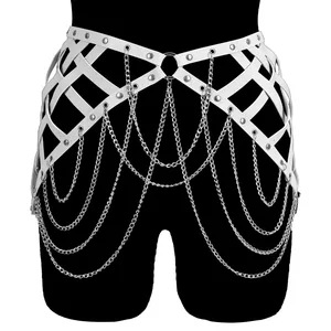 Punk Metal Chain Accessories Harness For Women Belt Hollow Bra Pu Leather Goth Exotic Costume Festival Club Dance Rave Garter