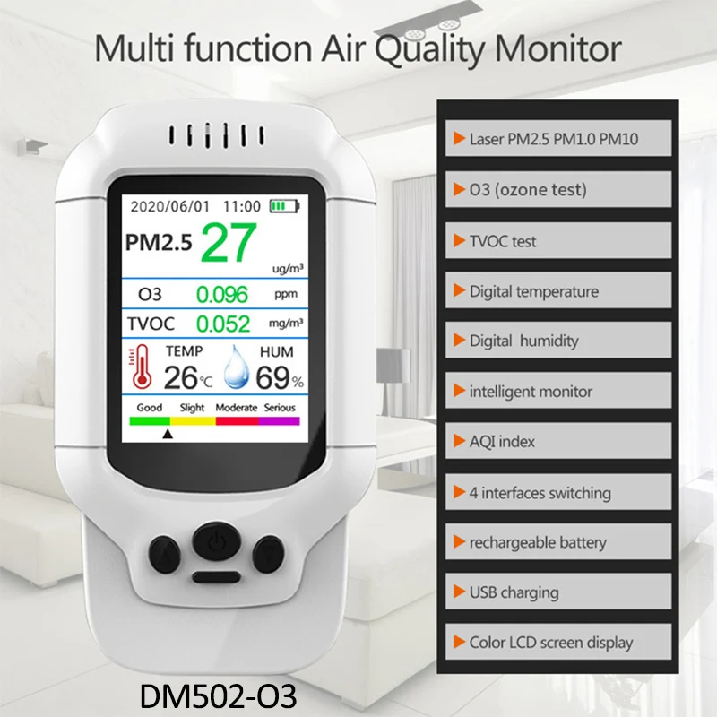 

7 in 1 Portable PM2.5 PM1.0 PM10 Temperature Humidity TVOC Air Quality Monitor 2.8 Inch Smart Formaldehyde Ozone Gas Detector
