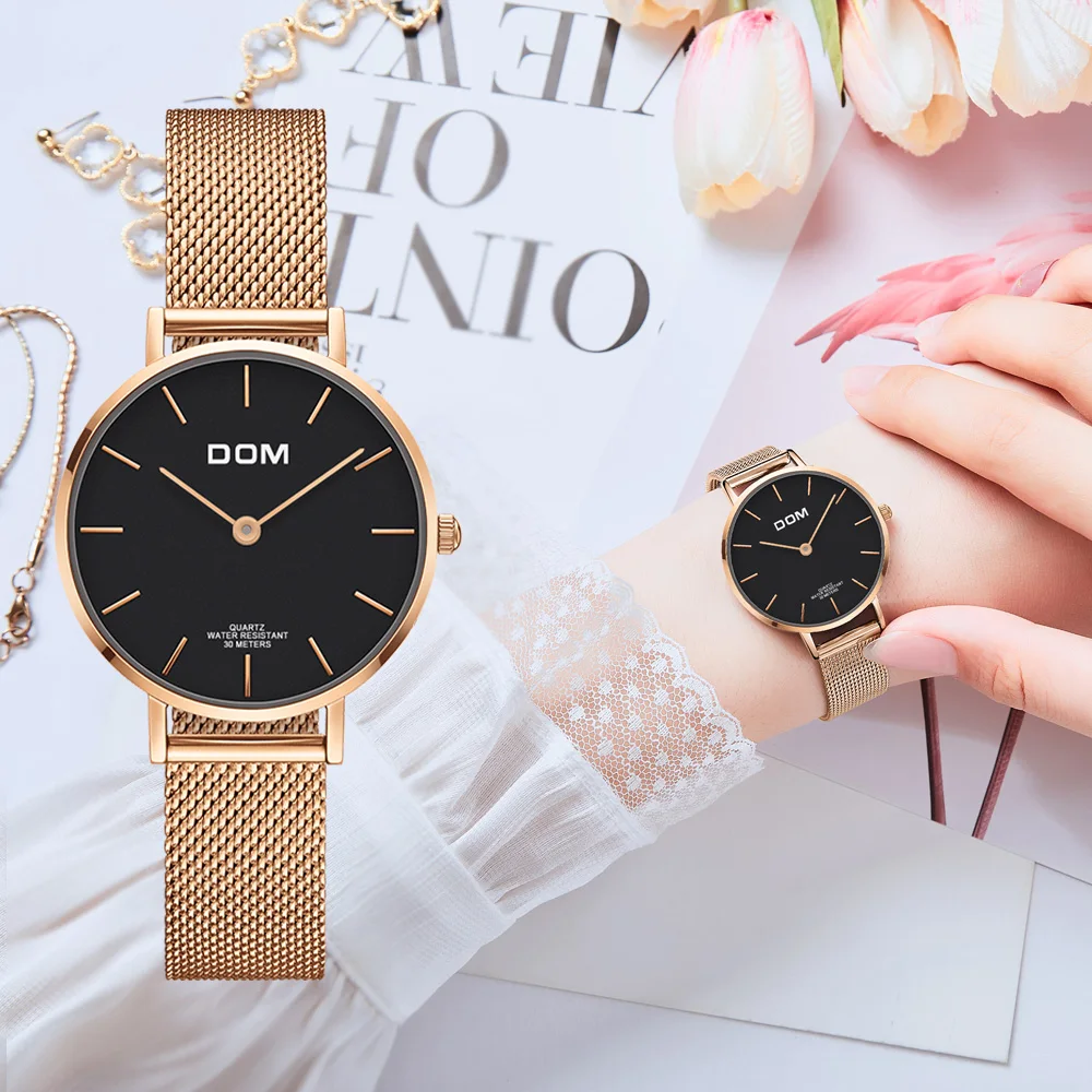 DOM Топ люксовый бренд женские часы водонепроницаемый бизнес розовое золото из