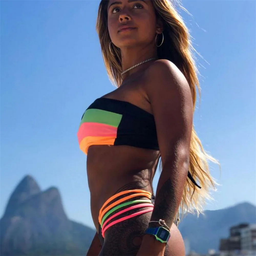 Women Swimwear Colored Stripes Bikini Set Colorful Striped Summer Bandage Push Up Swimsuits Brazilian Biquini Beachwear | Мать и ребенок