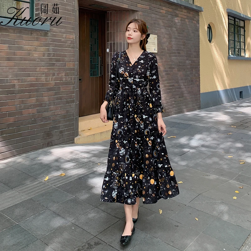 

Black Women Autumn V Neck Casual Dress Jupe Longue Femme Chiffon Long Sleeve Vestito Floreale Vintage Midi Boho Evening Dresses